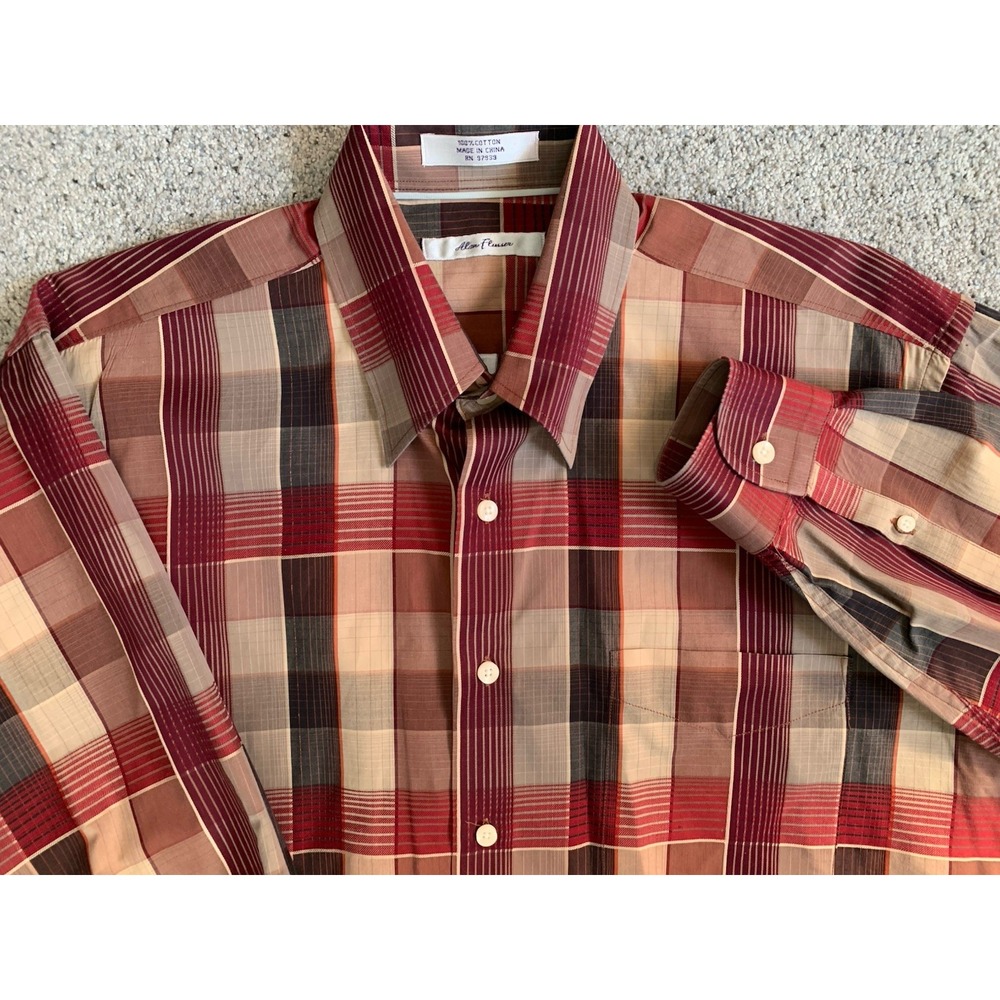 ALAN FLUSSER Mens Long Sleeve Plaid Shirt Multicolored Button Plaid Pocket LARGE